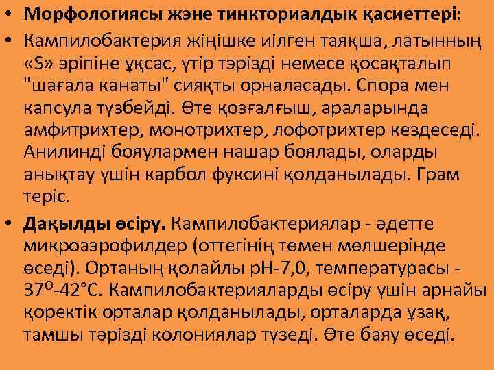  • Морфологиясы жэне тинкториалдык қасиеттері: • Кампилобактерия жіңішке иілген таяқша, латынның «S» эріпіне