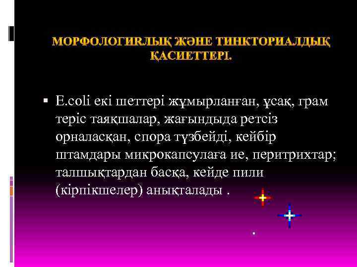  E. coli екі шеттері жұмырланған, ұсақ, грам теріс таяқшалар, жағындыда ретсіз орналасқан, спора