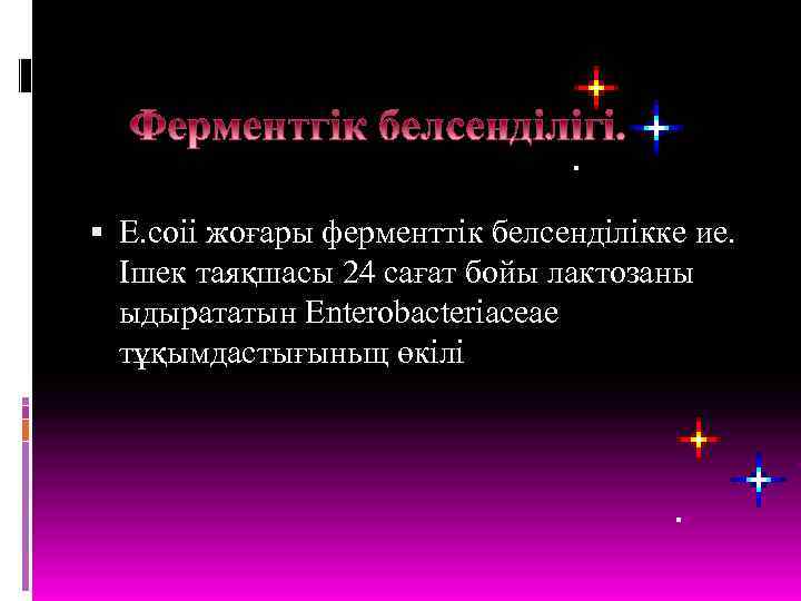  Е. соіі жоғары ферменттік белсенділікке ие. Ішек таяқшасы 24 сағат бойы лактозаны ыдырататын