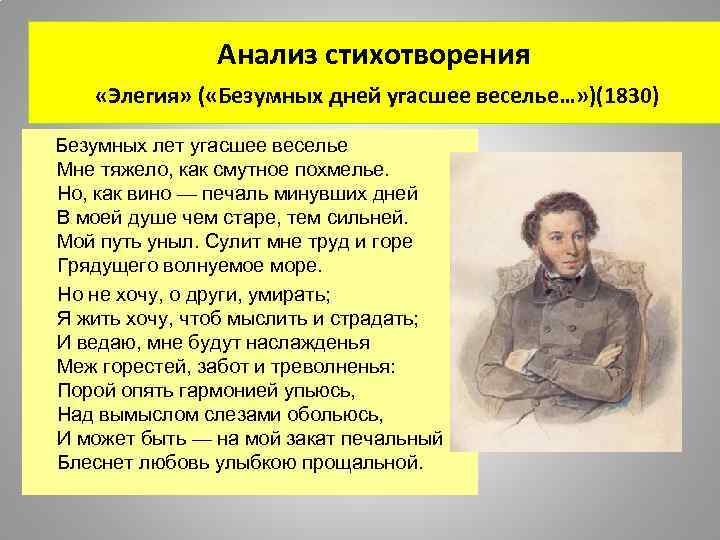 Анализ стихотворения «Элегия» ( «Безумных дней угасшее веселье…» )(1830) Безумных лет угасшее веселье Мне