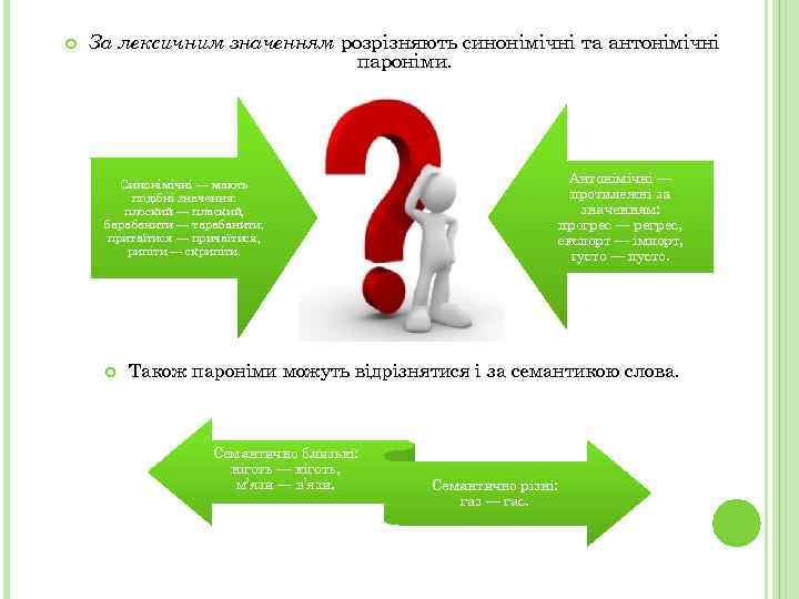  За лексичним значенням розрізняють синонімічні та антонімічні пароніми. Синонімічні — мають подібні значення: