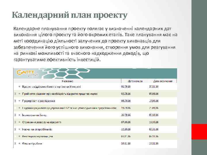 Календарний план проекту Календарне планування проекту полягає у визначенні календарних дат виконання цілого проекту