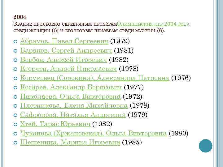 2004 ЗВАНИЕ ПРИСВОЕНО СЕРЕБРЯНЫМ ПРИЗЁРАМОЛИМПИЙСКИХ ИГР 2004 ГОДА СРЕДИ ЖЕНЩИН (6) И БРОНЗОВЫМ ПРИЗЁРАМ