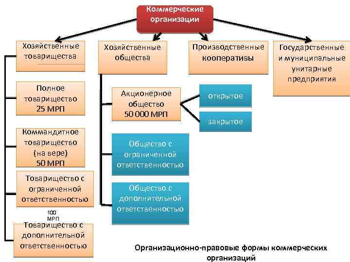 Коммерческие организации Хозяйственные товарищества Полное товарищество 25 МРП Коммандитное товарищество (на вере) 50 МРП