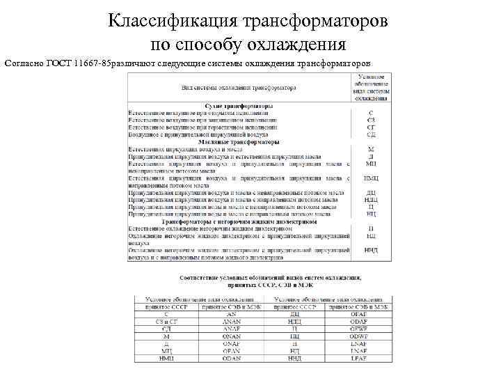 Классификация трансформаторов по способу охлаждения Согласно ГОСТ 11667 85 различают следующие системы охлаждения трансформаторов