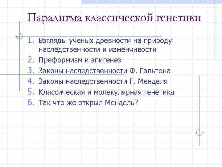 Парадигма классической генетики 1. Взгляды ученых древности на природу 2. 3. 4. 5. 6.