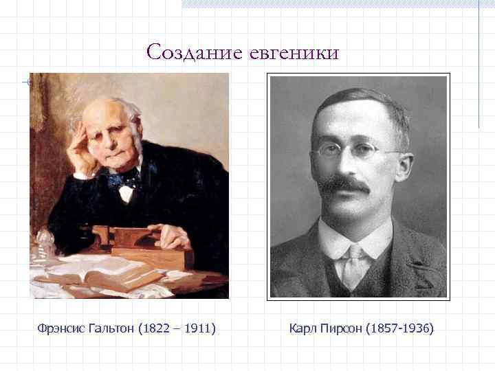 Создание евгеники Фрэнсис Гальтон (1822 – 1911) Карл Пирсон (1857 -1936) 