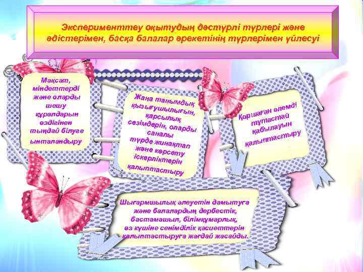 Эксперименттеу оқытудың дәстүрлі түрлері және әдістерімен, басқа балалар әрекетінің түрлерімен үйлесуі Мақсат, міндеттерді және