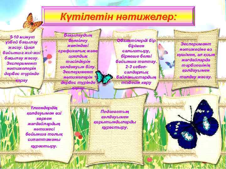 Күтілетін нәтижелер: 5 -10 минут үзбей бақылау жасау. Цикл бойынша жиі-жиі бақылау жасау. Эксперимент