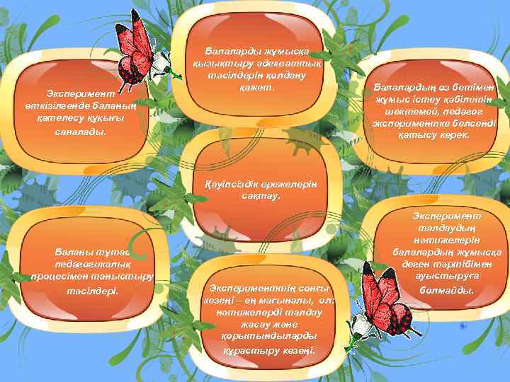 Эксперимент өткізілгенде баланың қателесу құқығы саналады. Балаларды жұмысқа қызықтыру адекваттық тәсілдерін қолдану қажет. Балалардың