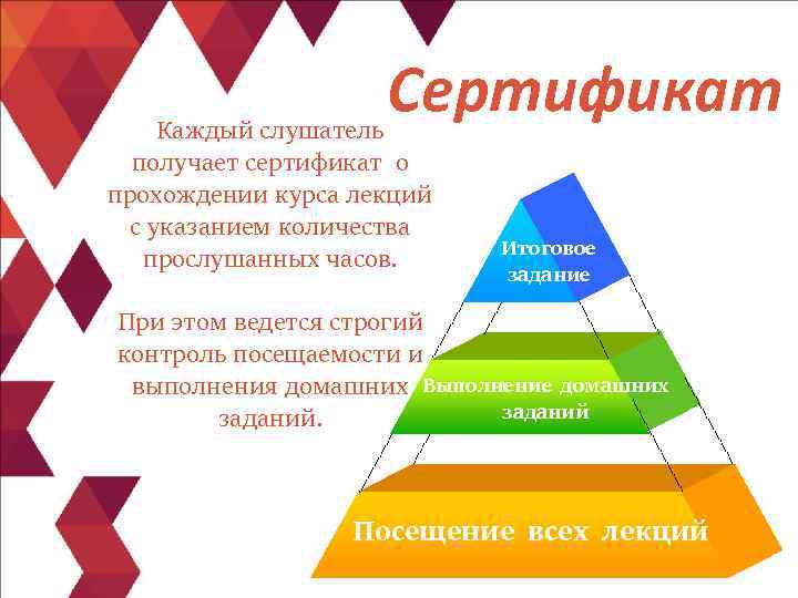 Сертификат Каждый слушатель получает сертификат о прохождении курса лекций с указанием количества прослушанных часов.