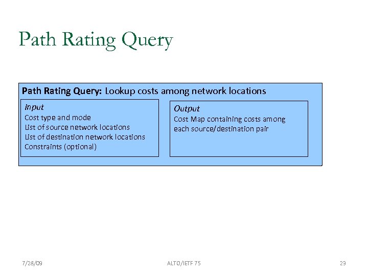 Path Rating Query: Lookup costs among network locations Input Cost type and mode List