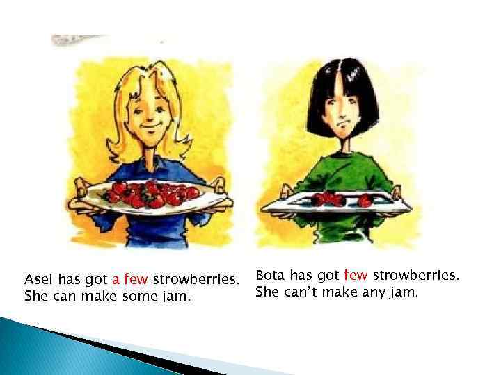Asel has got a few strowberries. She can make some jam. Bota has got