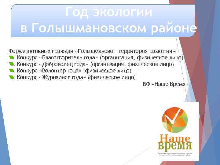 Год экологии в Голышмановском районе Форум активных граждан «Голышманово – территория развития» Конкурс «Благотворитель