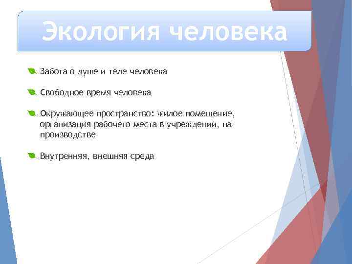 Экология человека Забота о душе и теле человека Свободное время человека Окружающее пространство: жилое