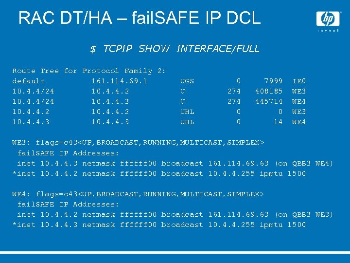 RAC DT/HA – fail. SAFE IP DCL $ TCPIP SHOW INTERFACE/FULL Route Tree for