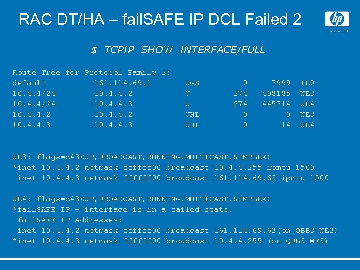 RAC DT/HA – fail. SAFE IP DCL Failed 2 $ TCPIP SHOW INTERFACE/FULL Route