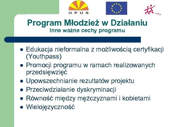 Program Młodzież w Działaniu Inne ważne cechy programu l l l Edukacja nieformalna z