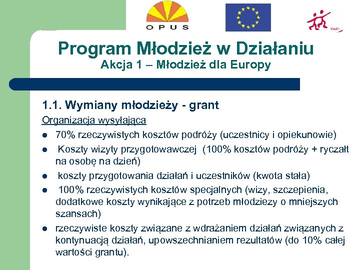 Program Młodzież w Działaniu Akcja 1 – Młodzież dla Europy 1. 1. Wymiany młodzieży