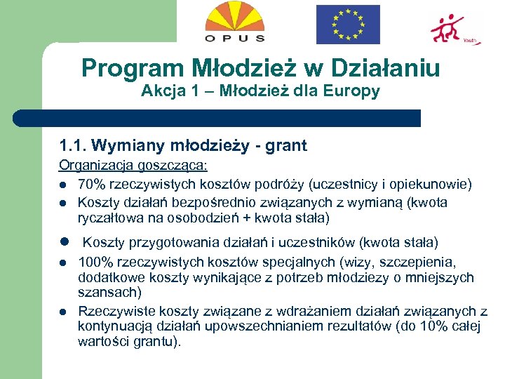Program Młodzież w Działaniu Akcja 1 – Młodzież dla Europy 1. 1. Wymiany młodzieży