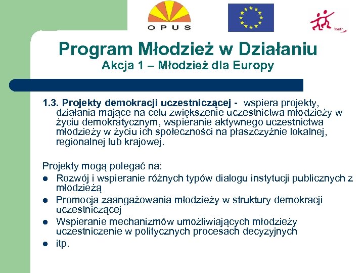 Program Młodzież w Działaniu Akcja 1 – Młodzież dla Europy 1. 3. Projekty demokracji