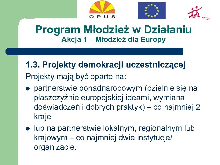 Program Młodzież w Działaniu Akcja 1 – Młodzież dla Europy 1. 3. Projekty demokracji