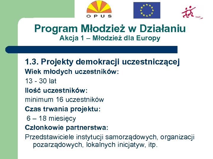 Program Młodzież w Działaniu Akcja 1 – Młodzież dla Europy 1. 3. Projekty demokracji