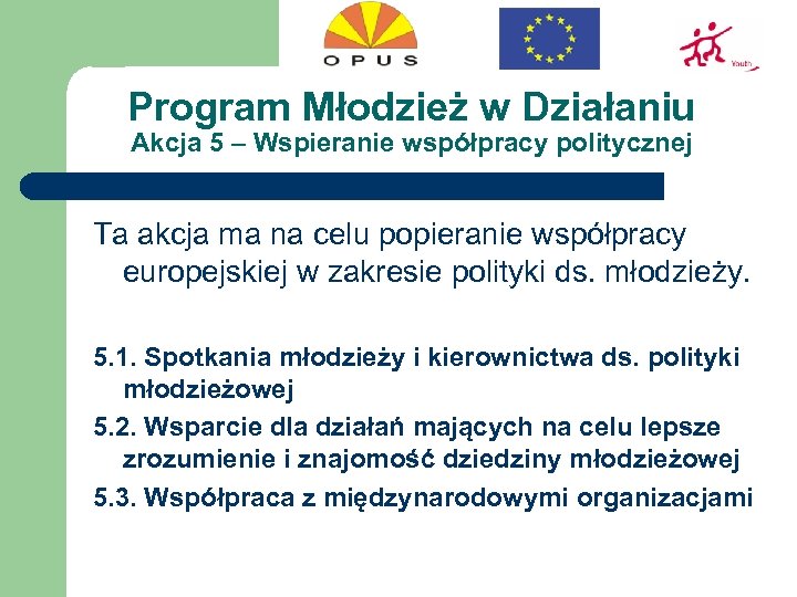 Program Młodzież w Działaniu Akcja 5 – Wspieranie współpracy politycznej Ta akcja ma na
