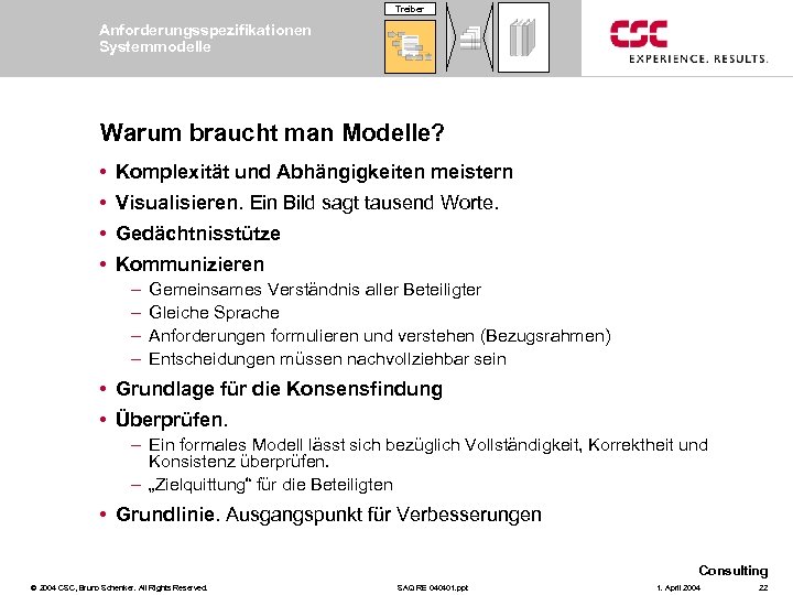 Treiber Anforderungsspezifikationen Systemmodelle Warum braucht man Modelle? • Komplexität und Abhängigkeiten meistern • Visualisieren.