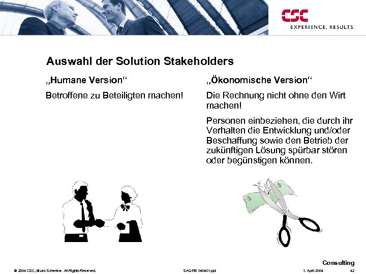 Auswahl der Solution Stakeholders „Humane Version“ „Ökonomische Version“ Betroffene zu Beteiligten machen! Die Rechnung