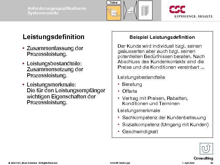 Treiber Anforderungsspezifikationen Systemmodelle Leistungsdefinition Beispiel Leistungsdefinition • Zusammenfassung der Prozessleistung. Der Kunde wird individuell