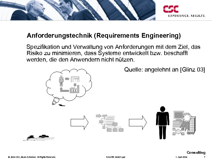 Anforderungstechnik (Requirements Engineering) Spezifikation und Verwaltung von Anforderungen mit dem Ziel, das Risiko zu