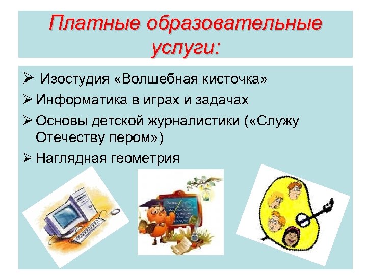 Платные образовательные услуги: Ø Изостудия «Волшебная кисточка» Ø Информатика в играх и задачах Ø