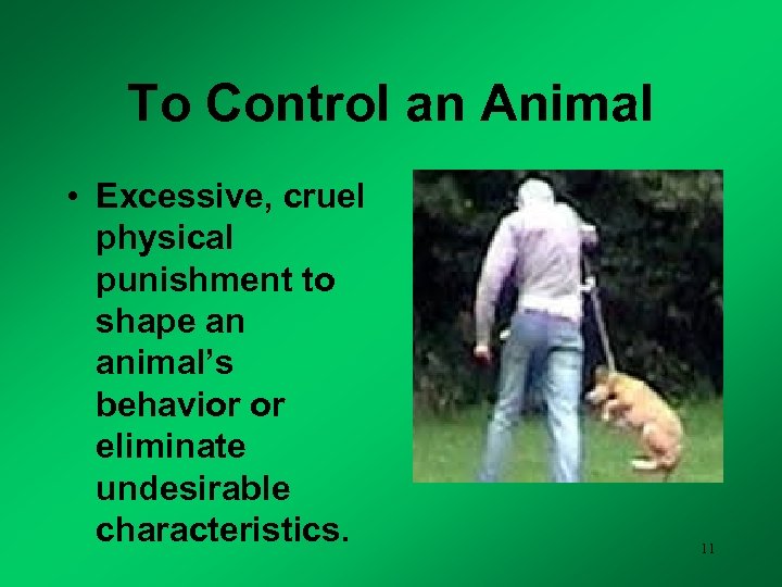 To Control an Animal • Excessive, cruel physical punishment to shape an animal’s behavior