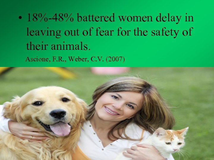  • 18%-48% battered women delay in leaving out of fear for the safety