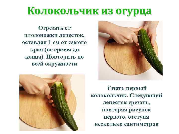 Колокольчик из огурца Отрезать от плодоножки лепесток, оставляя 1 см от самого края (не