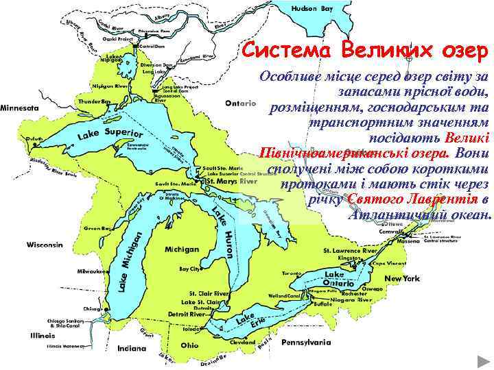 Система Великих озер Особливе місце серед озер світу за запасами прісної води, розміщенням, господарським