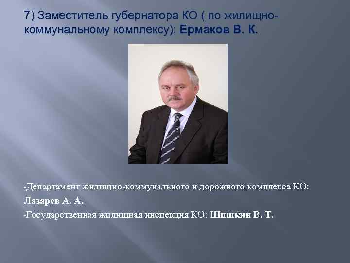 7) Заместитель губернатора КО ( по жилищнокоммунальному комплексу): Ермаков В. К. • Департамент жилищно-коммунального