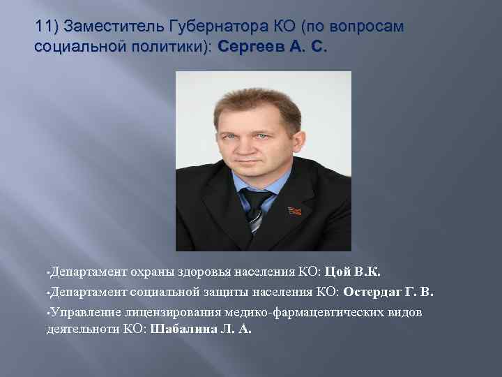 11) Заместитель Губернатора КО (по вопросам социальной политики): Сергеев А. С. • Департамент охраны