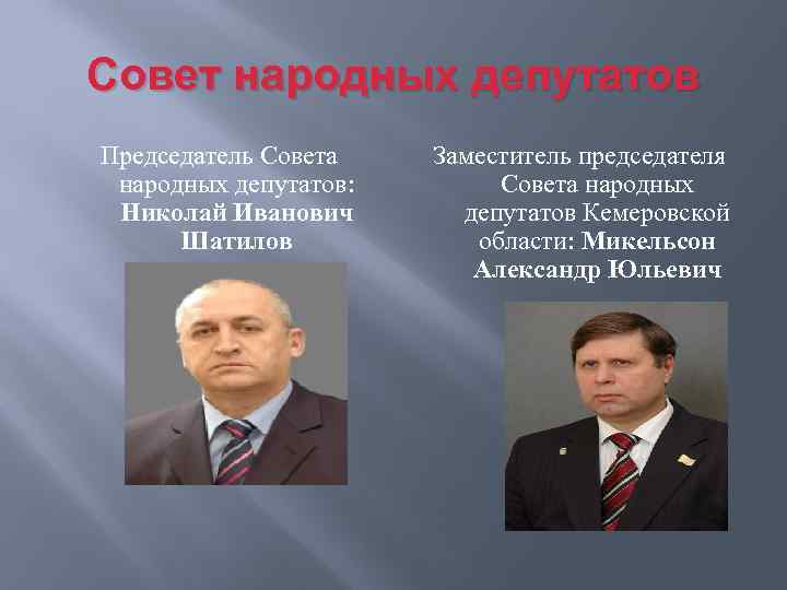 Совет народных депутатов Председатель Совета народных депутатов: Николай Иванович Шатилов Заместитель председателя Совета народных