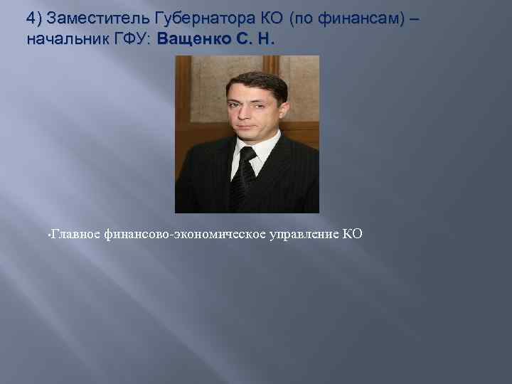 4) Заместитель Губернатора КО (по финансам) – начальник ГФУ: Ващенко С. Н. • Главное