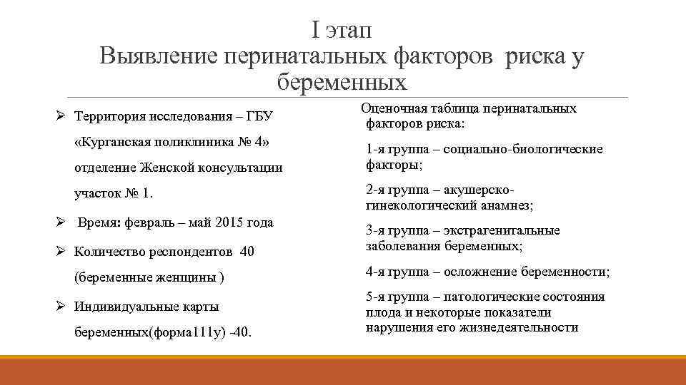 I этап Выявление перинатальных факторов риска у беременных Ø Территория исследования – ГБУ «Курганская
