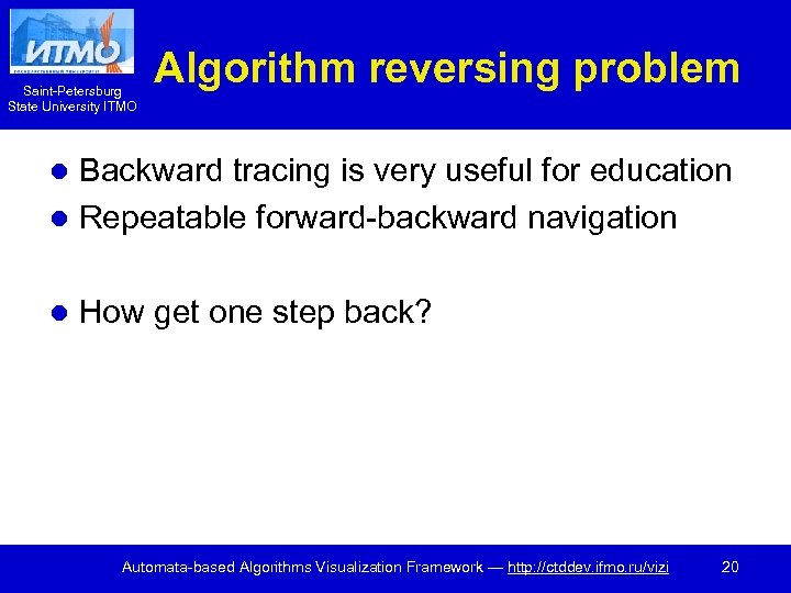 Saint-Petersburg State University ITMO Algorithm reversing problem Backward tracing is very useful for education