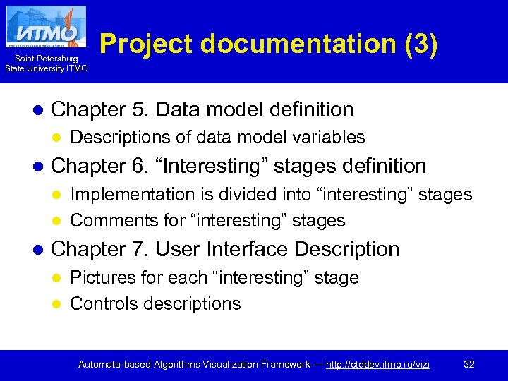 Saint-Petersburg State University ITMO l Chapter 5. Data model definition l l Project documentation