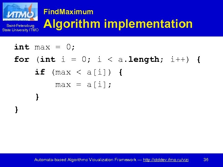 Find. Maximum Saint-Petersburg State University ITMO Algorithm implementation int max = 0; for (int