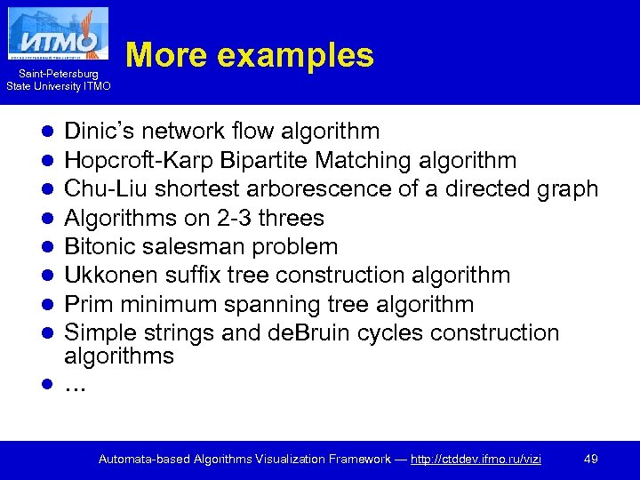 Saint-Petersburg State University ITMO l l l l l More examples Dinic’s network flow