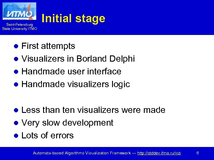 Saint-Petersburg State University ITMO Initial stage First attempts l Visualizers in Borland Delphi l