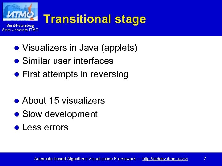 Saint-Petersburg State University ITMO Transitional stage Visualizers in Java (applets) l Similar user interfaces