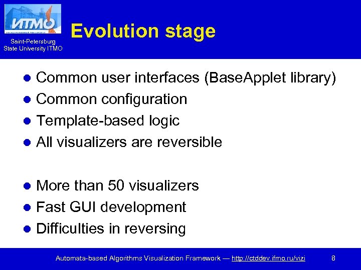 Saint-Petersburg State University ITMO Evolution stage Common user interfaces (Base. Applet library) l Common