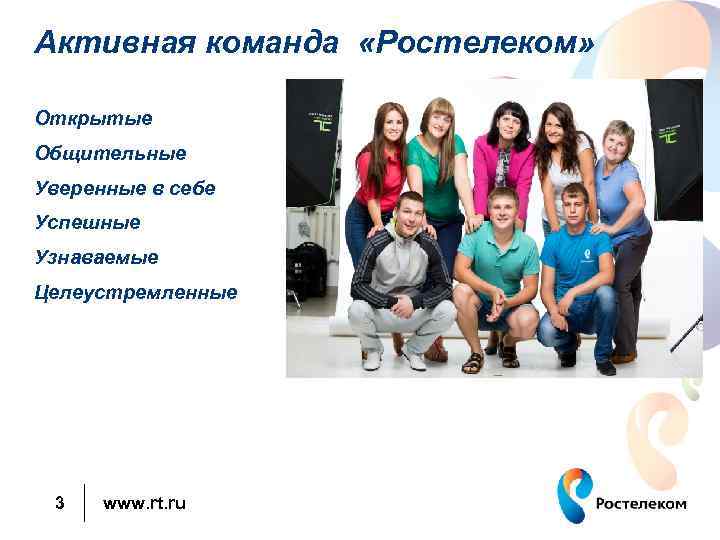 Активная команда «Ростелеком» Открытые Общительные Уверенные в себе Успешные Узнаваемые Целеустремленные 3 www. rt.